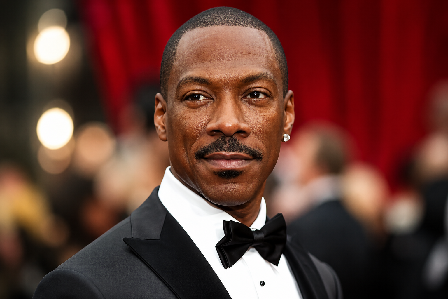 Eddie Murphy wearing a classic black tuxedo and bow tie at a formal event