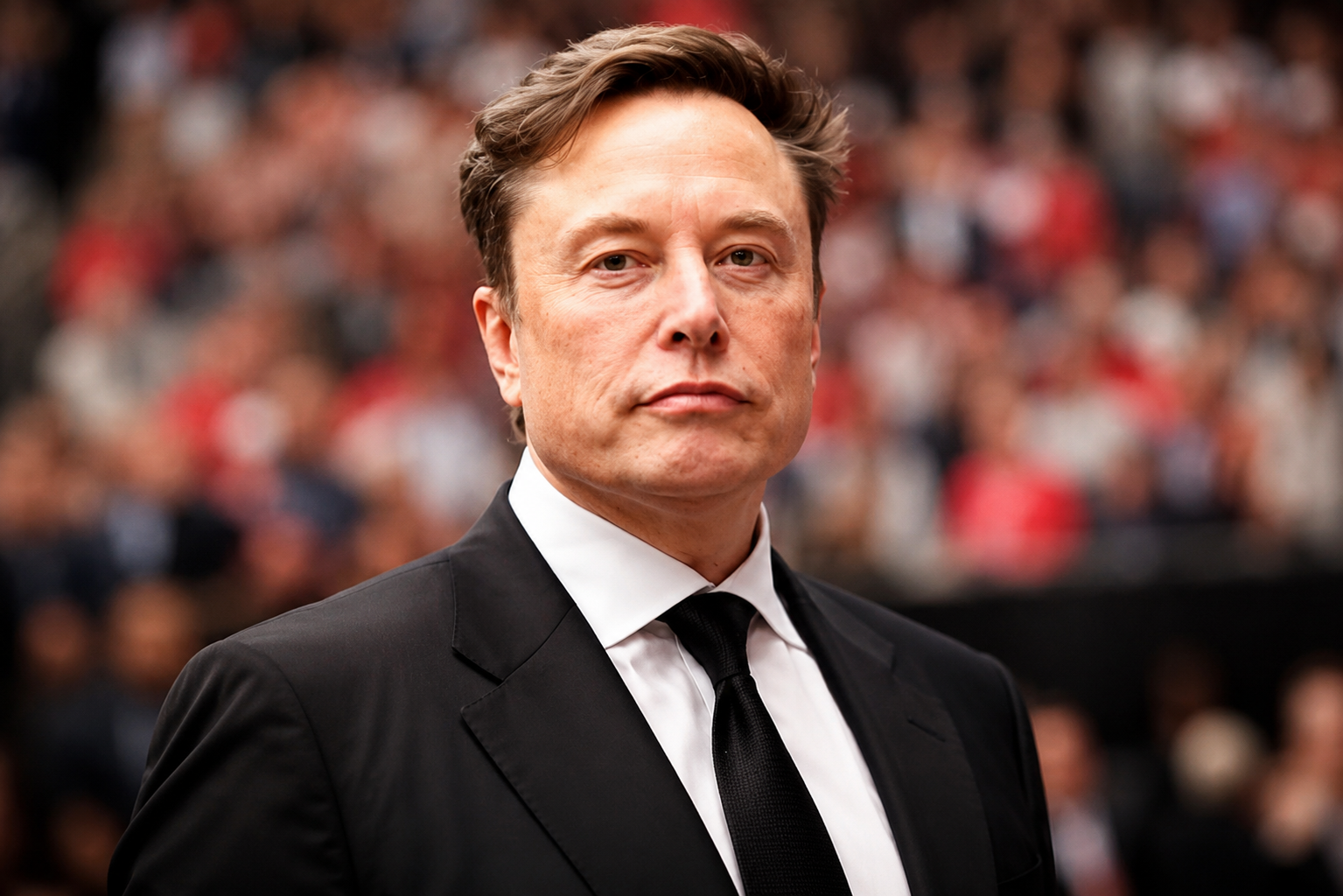 Elon Musk wearing a black suit and tie at a formal event