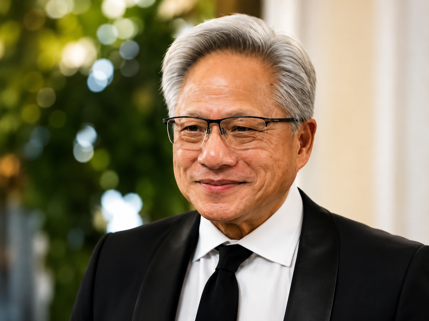 Jensen Huang net worth 2026 – wearing glasses, a black suit, white shirt, and black tie in a professional portrait