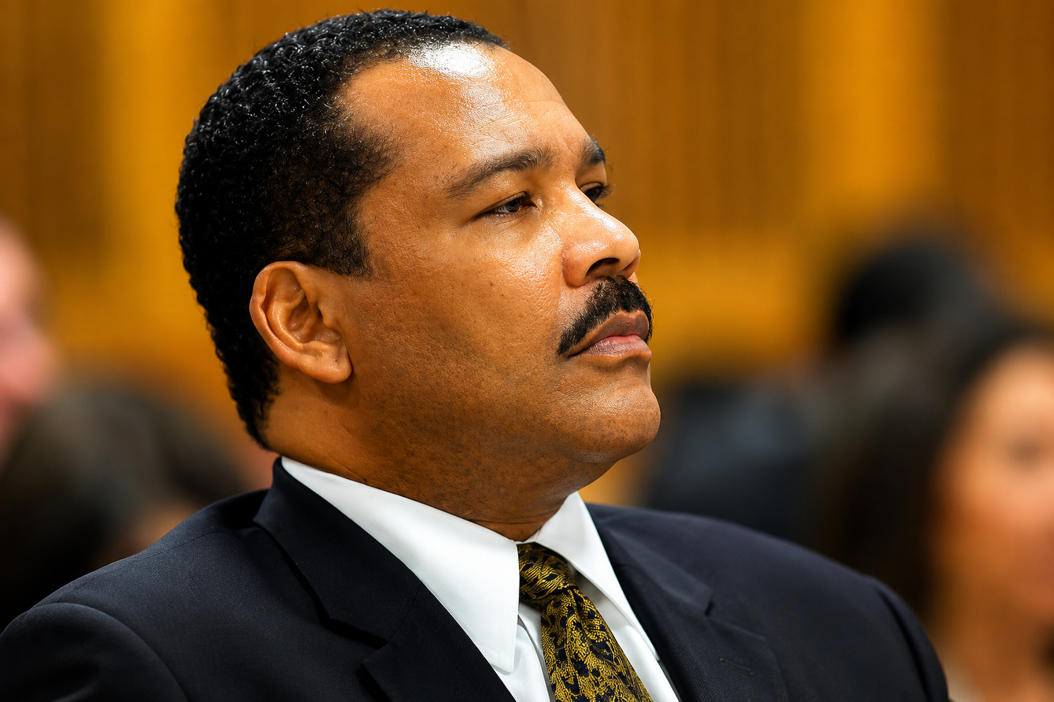 Man in a formal suit seated at a hearing or official proceeding
