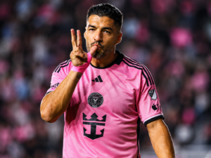 Luis Suárez celebrating for Inter Miami during a match in 2026.