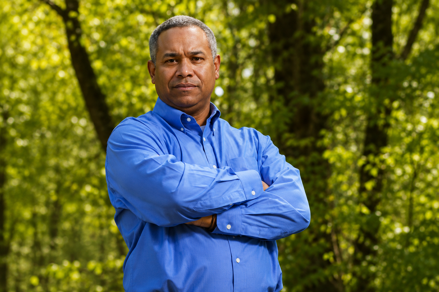 Man in a blue shirt standing with crossed arms outdoors