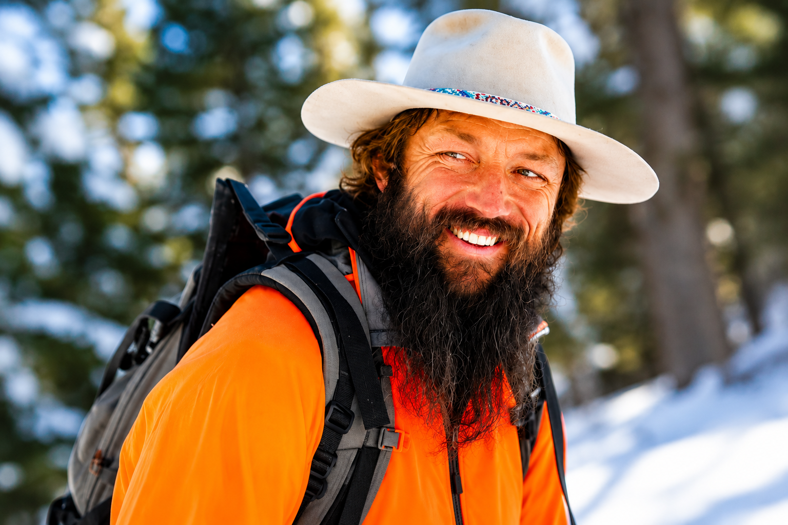 Jake Herak smiling outdoors in a snowy forest wearing a cowboy hat and orange jacket