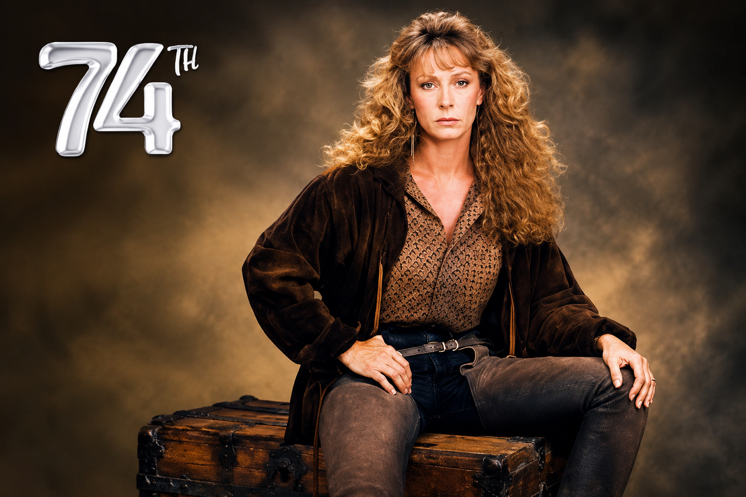 Juice Newton portrait sitting on a vintage trunk