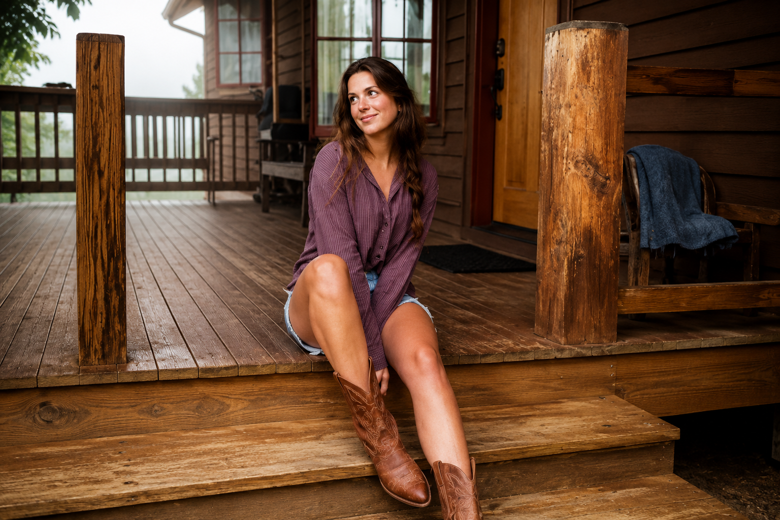 Madison Mealy sitting on the steps of a rustic wooden cabin porch
