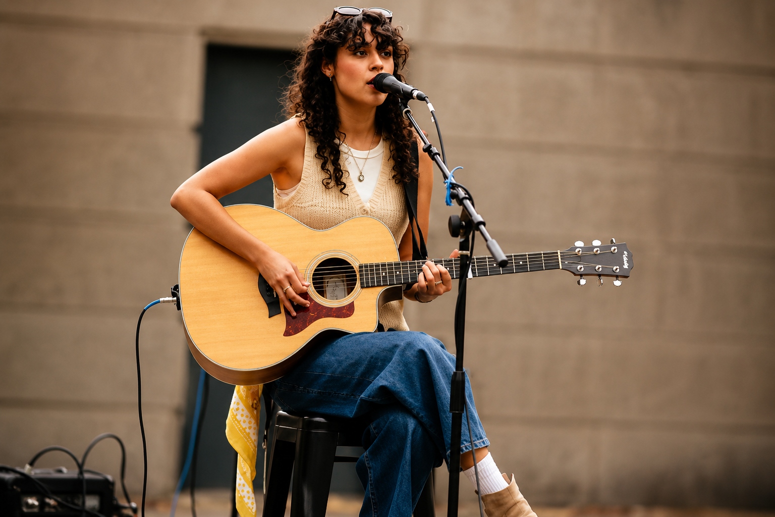 Amanda Mammana singing and playing an acoustic guitar during a live performance