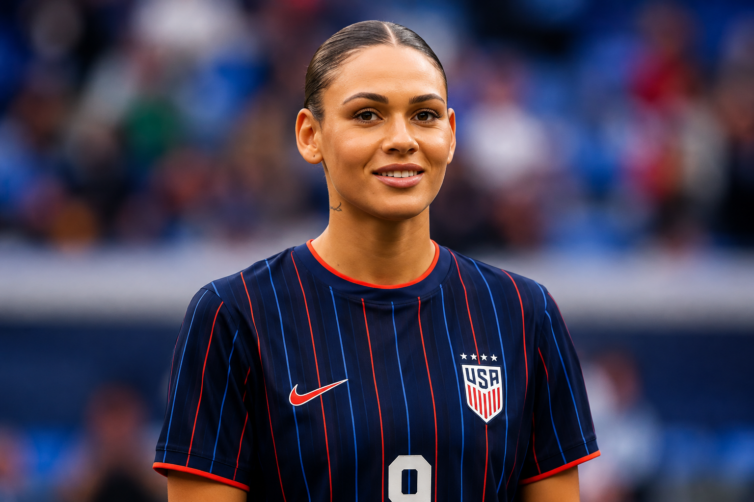 Trinity Rodman wearing a USA soccer jersey during a stadium appearance