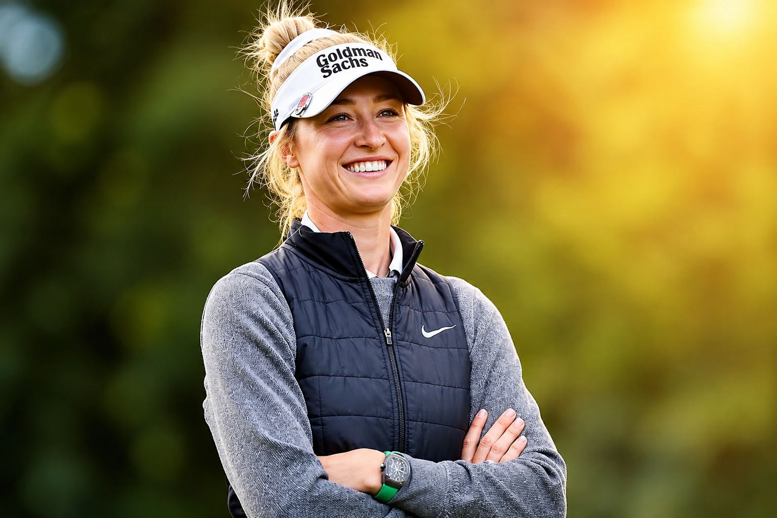 Nelly Korda smiling during a golf event wearing a Goldman Sachs visor