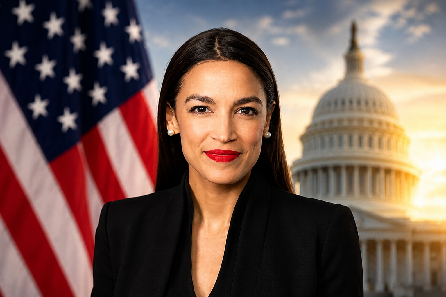 Alexandria Ocasio-Cortez portrait with the American flag and U.S. Capitol in the background