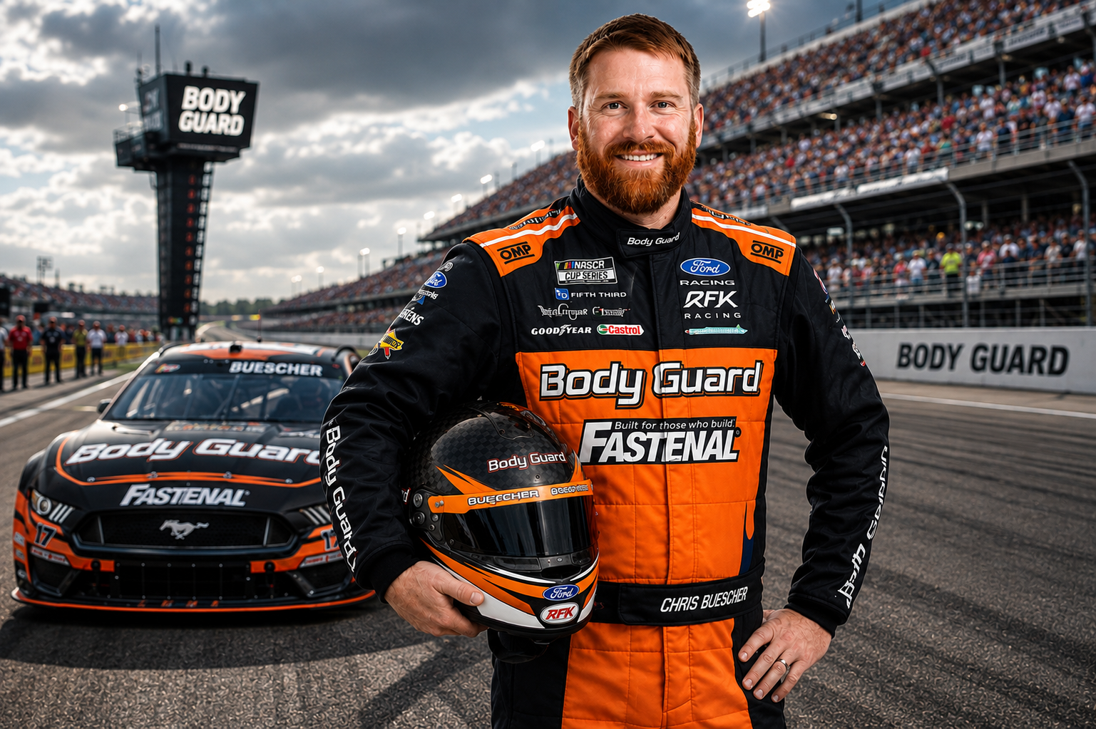 Chris Buescher in a Body Guard and Fastenal racing suit at a racetrack
