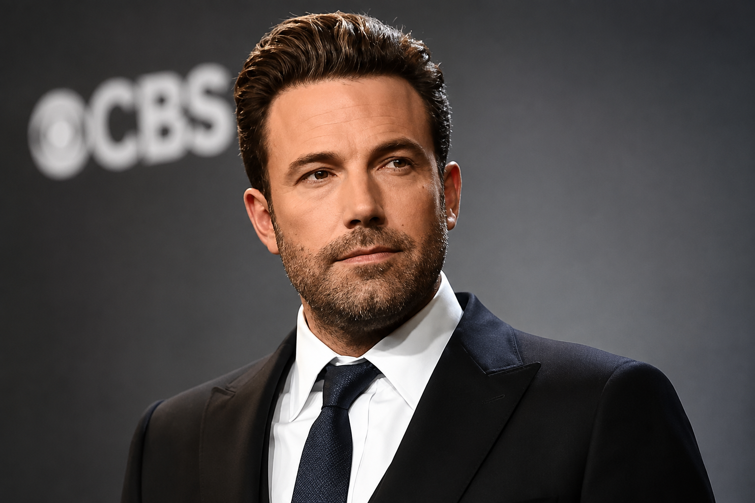 Ben Affleck wearing a black suit and tie at a CBS press event