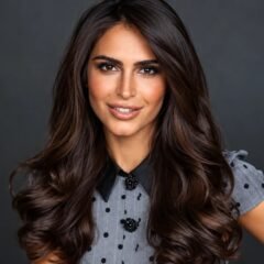 Caitlin Sinclair net worth 2026 - smiling portrait with long dark wavy hair in a grey polka dot collared top