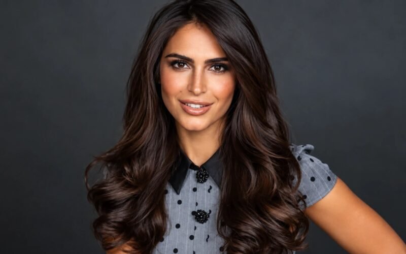 Caitlin Sinclair net worth 2026 - smiling portrait with long dark wavy hair in a grey polka dot collared top