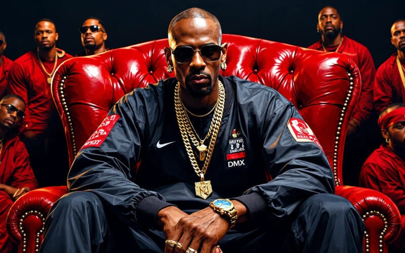 DMX estate seated in a red leather chair