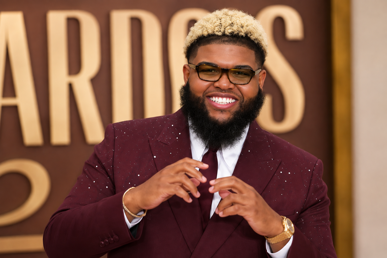 Druski net worth 2026 – smiling while wearing a burgundy suit and glasses at an awards event