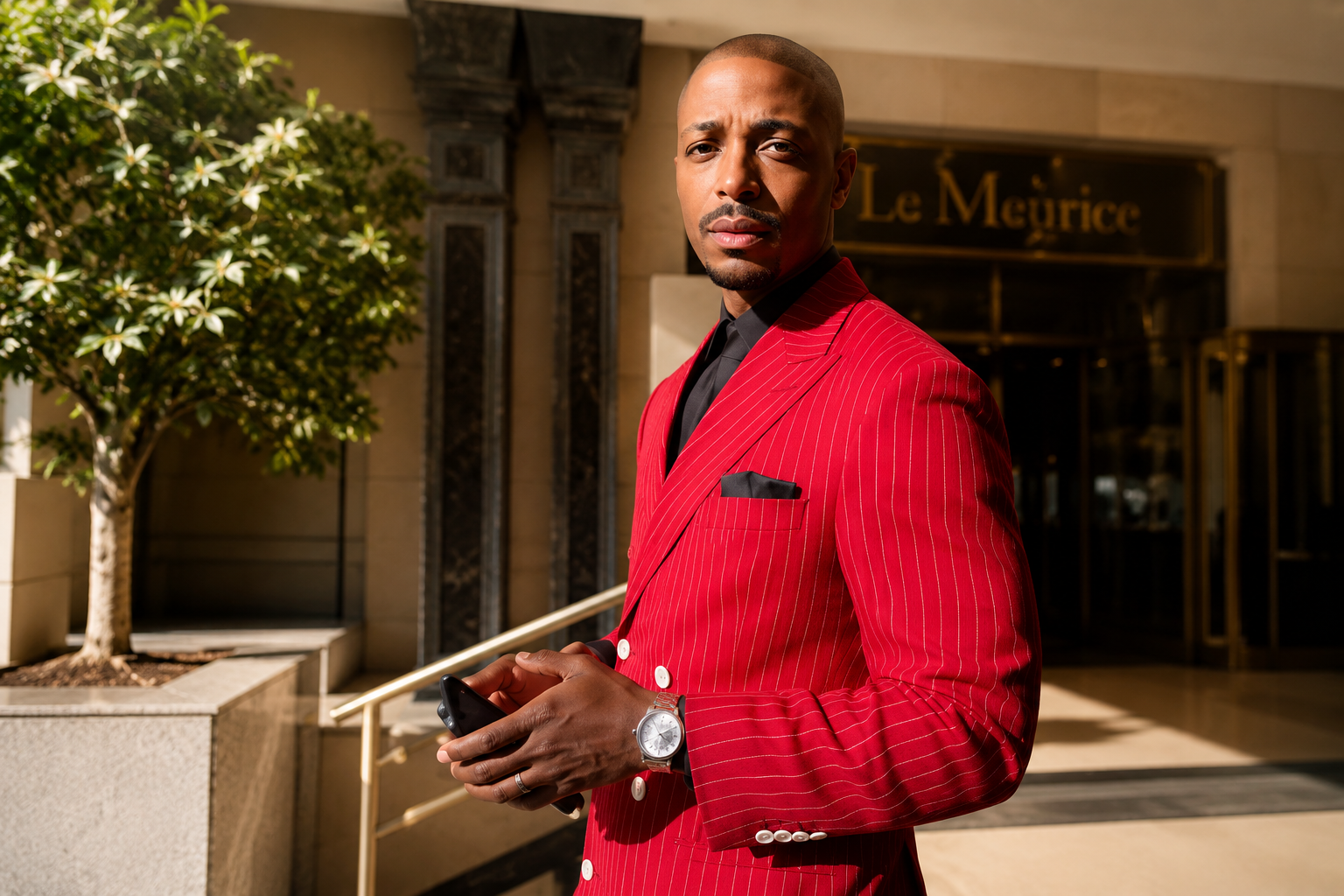 Marquett Davon Burton net worth 2026 – wearing a red pinstriped suit