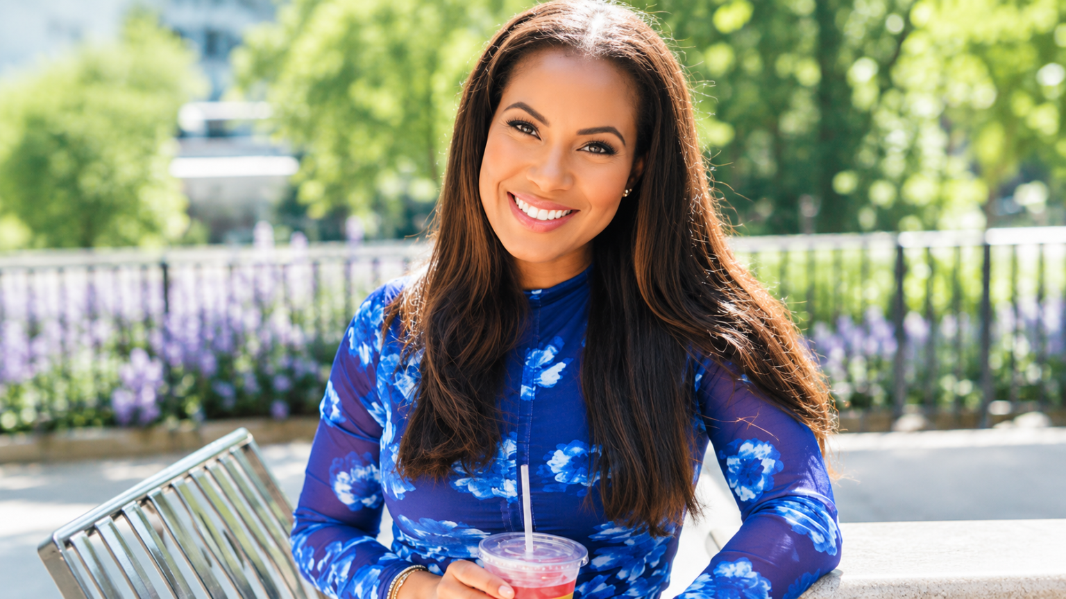 Vanessa Freeman net worth 2026 – smiling in a blue floral outfit while holding a drink outdoors