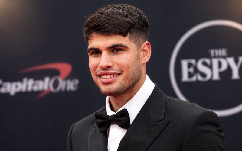 Carlos Alcaraz net worth 2026 – wearing a black tuxedo at the ESPYs red carpet