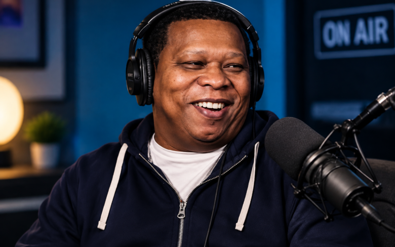 Mannie Fresh net worth 2026 – professional portrait in a podcast studio with headphones and microphone