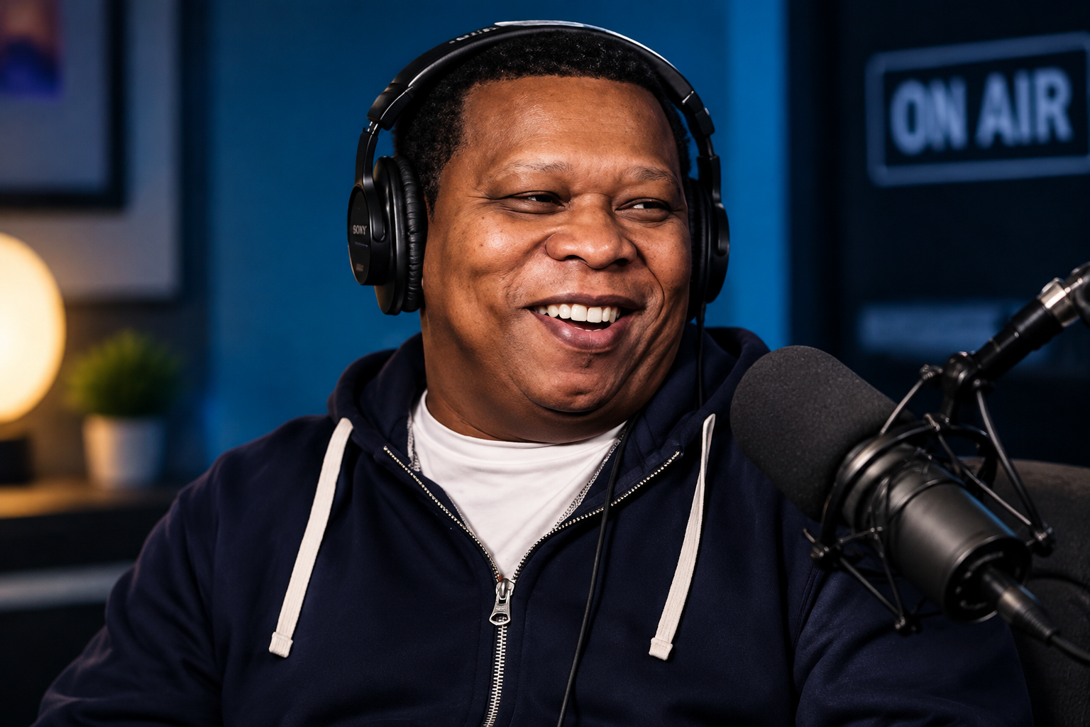 Mannie Fresh net worth 2026 – professional portrait in a podcast studio with headphones and microphone