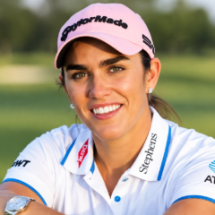 Maria Fassi net worth 2026 – professional golf portrait wearing a TaylorMade visor on a golf course
