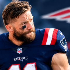 Julian Edelman wearing a New England Patriots jersey during a game