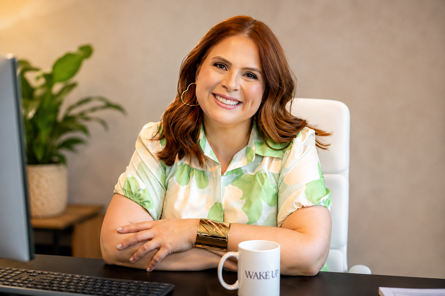 Madeleine Rivera – smiling while seated at a desk in a professional setting