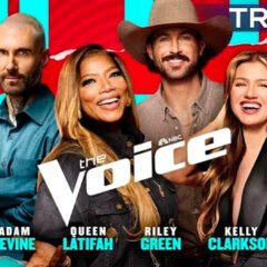 The Voice Season 30 cast featuring Adam Levine, Queen Latifah, Riley Green, and Kelly Clarkson