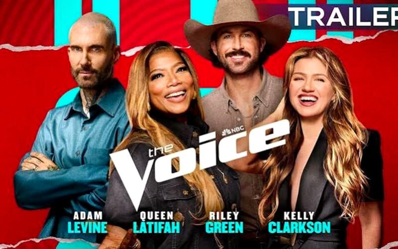 The Voice Season 30 cast featuring Adam Levine, Queen Latifah, Riley Green, and Kelly Clarkson