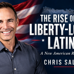 Chris Salcedo posing in front of an American flag with his book The Rise of the Liberty-Loving Latino