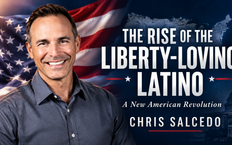 Chris Salcedo posing in front of an American flag with his book The Rise of the Liberty-Loving Latino