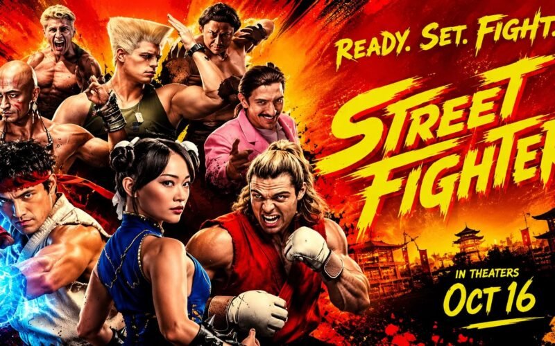 Street Fighter movie poster with Ryu, Chun-Li, Ken and Guile, in theaters October 16