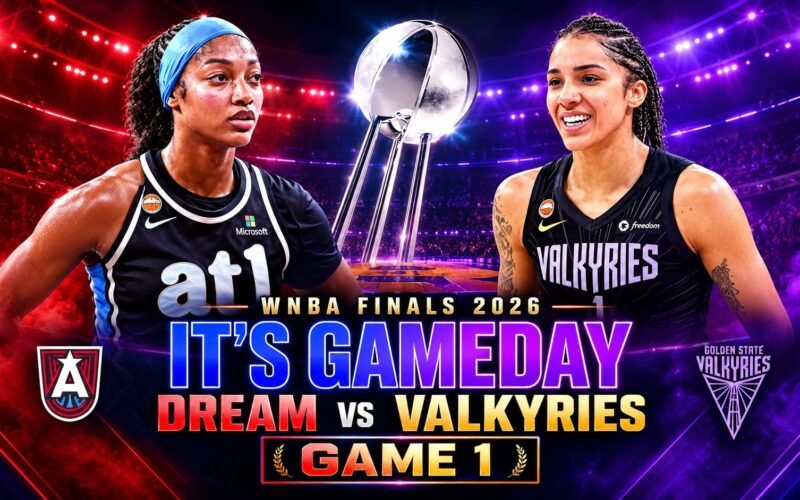 WNBA Finals 2026 Game 1 gameday graphic for the Atlanta Dream vs Golden State Valkyries with the championship trophy