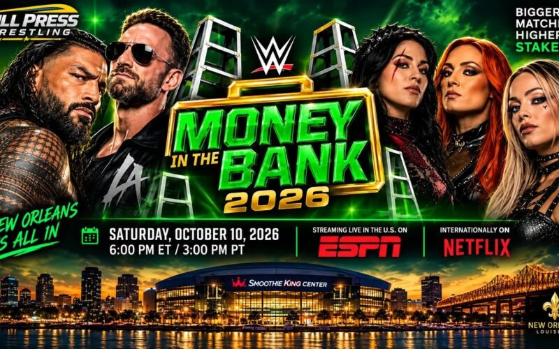 WWE Money in the Bank 2026 poster for October 10 at the Smoothie King Center in New Orleans, streaming on ESPN and Netflix